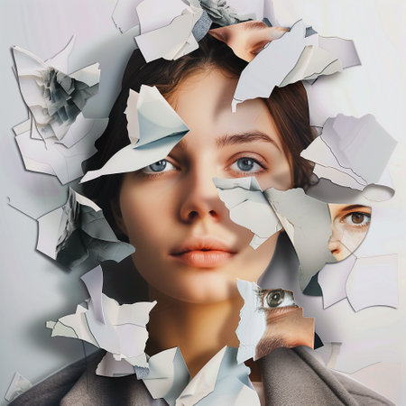 Portrait of young woman looking through hole in paper. Female face through torn paper.の素材