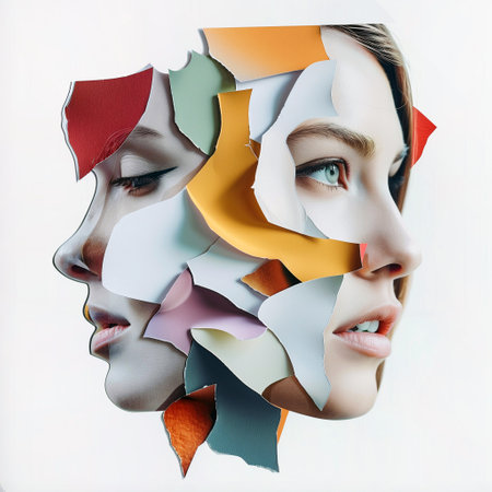 Portrait of a beautiful young woman surrounded by colorful paper pieces.の素材