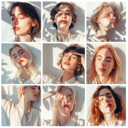 Collage of portraits of beautiful young women with closed eyes on white backgroundの素材
