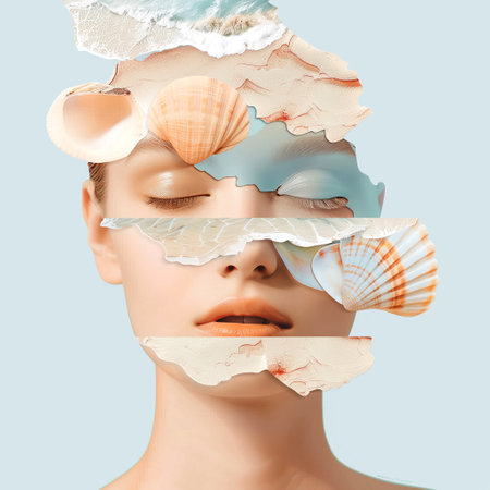 Beautiful young woman with seashells and cosmetic mask on her face.