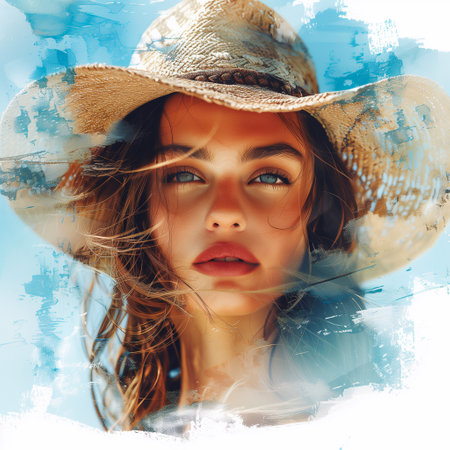 Portrait of a beautiful girl in a straw hat on a background of blue skyの写真素材