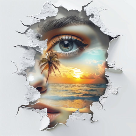 Female eye through hole in paper with palm tree. Collage.の写真素材