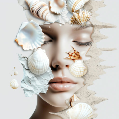 Beautiful young woman with seashells in her face. Collage.の写真素材