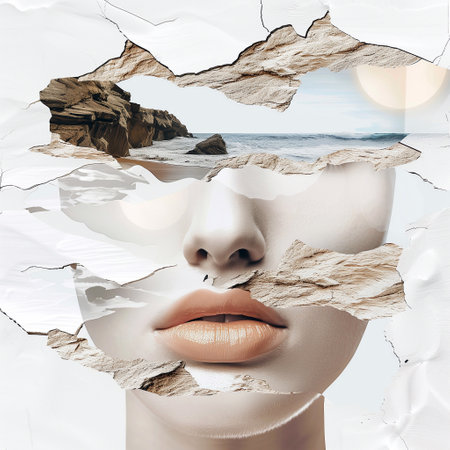 Collage of female face with hole in paper. Beauty and fashion conceptの写真素材