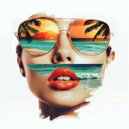 Portrait of beautiful young woman with sunglasses and tropical beach in the background
