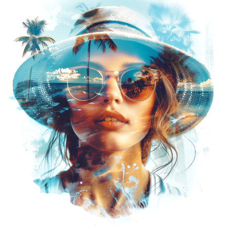 Portrait of a beautiful girl in hat and sunglasses on the beachの写真素材