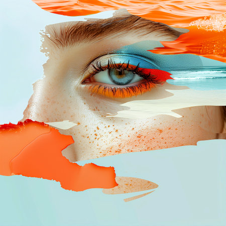 Beautiful female eye with abstract background. Collage. Copy space.の写真素材