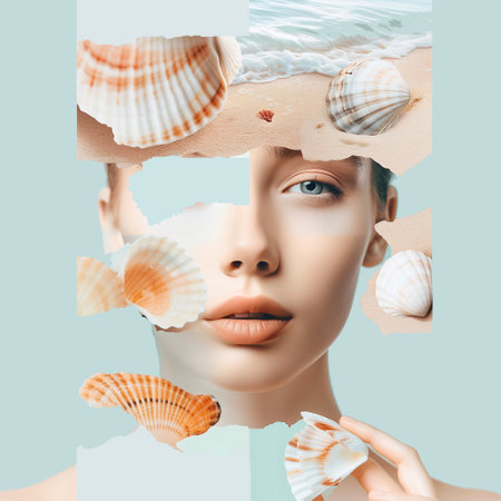 Creative collage with beautiful woman face and seashells.の写真素材