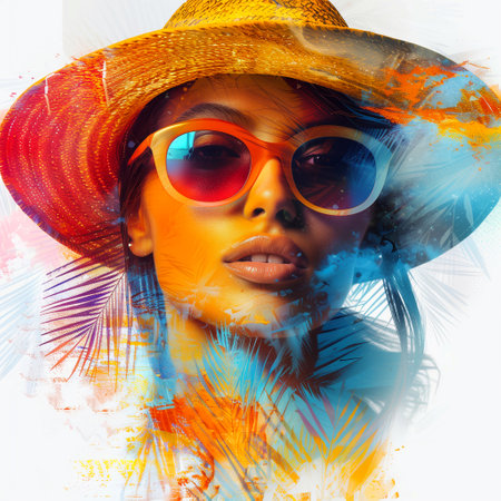 Fashion portrait of a beautiful young woman in straw hat and sunglasses.の写真素材