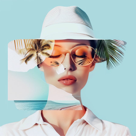 Fashion portrait of young beautiful woman in hat and sunglasses with palm tree on blue backgroundの写真素材