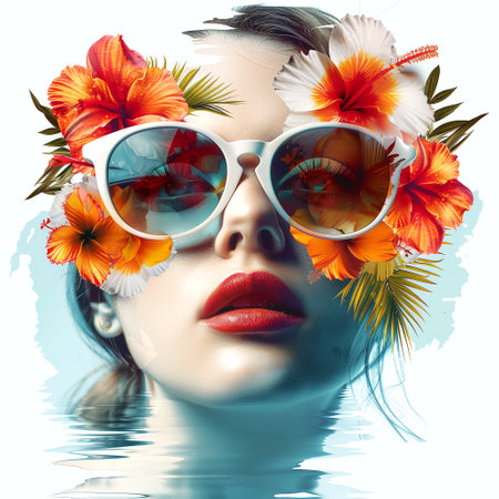 Beautiful young woman with flowers in her hair and sunglasses reflected in waterの写真素材