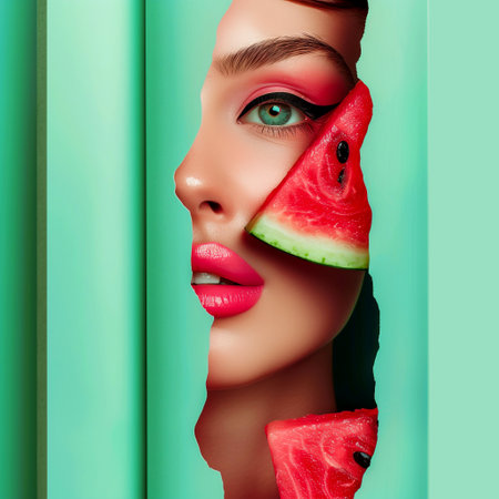 Fashion portrait of beautiful young woman with watermelon on green backgroundの写真素材