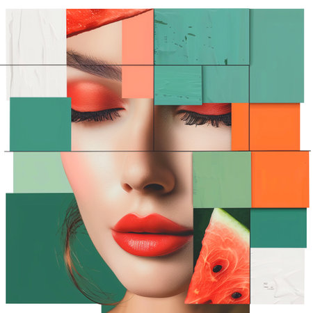 Collage of beautiful woman face with red lips and watermelon sliceの写真素材