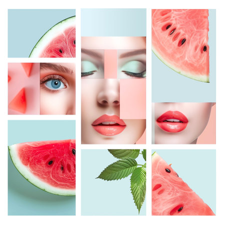 Collage of beautiful young woman face with watermelon and mint leaves. Vector illustrationの写真素材