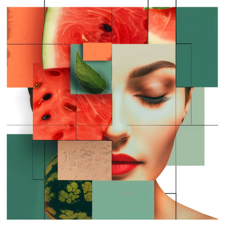 Beautiful woman face with watermelon. Collage made of photosの写真素材