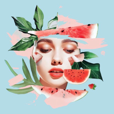 Fashion portrait of young beautiful woman with watermelon and leaves.の写真素材