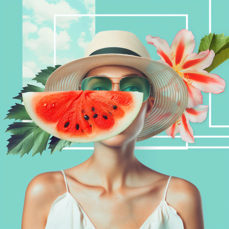 Fashion portrait of young beautiful woman in hat and sunglasses with watermelonの写真素材