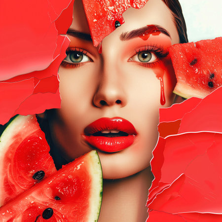 Fashion portrait of beautiful young woman with red lips and watermelonの写真素材