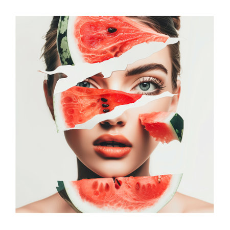 Portrait of a beautiful young woman with watermelon slices on her faceの写真素材