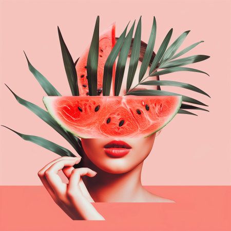 Fashion portrait of young beautiful woman with watermelon on pink backgroundの写真素材