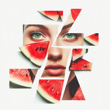Creative collage of young woman face with watermelon slices.の写真素材
