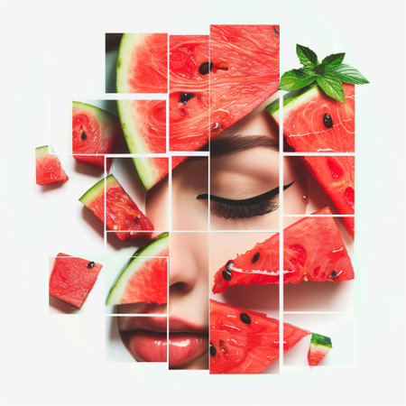 Creative collage of fresh watermelon slices and green mint leavesの写真素材