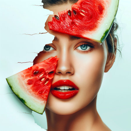 Beautiful young woman with watermelon slices.の写真素材