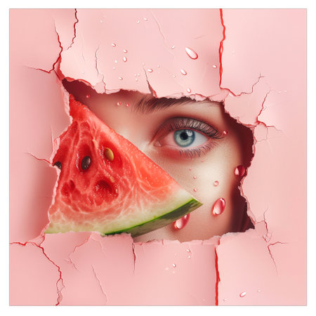 Woman's face through hole in paper with watermelon. Concept of healthy food.の写真素材