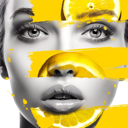 Portrait of a beautiful woman with yellow paint on her face.の素材