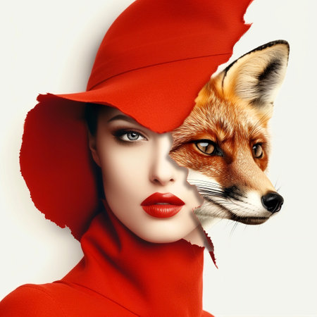 Fashion portrait of a beautiful young woman with fox in red hatの素材
