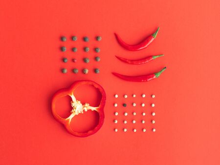 Knolling of different types of pepper: bell, chili, peppercorns against a red background. Flat lay style.の写真素材