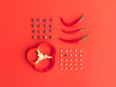 Knolling of different types of pepper: bell, chili, peppercorns against a red background. Flat lay style.