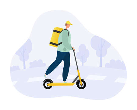 A male courier rides a yellow scooter. Fast delivery.のイラスト素材