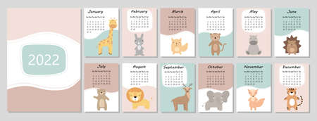 A4 calendar for 2022. Cute cartoon animals. Cover for 12 monthly pages. The week starts on Sunday. Vector illustration.のイラスト素材