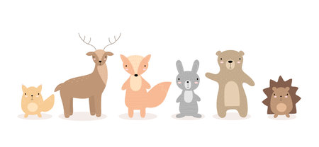 Cartoon cute animals for children's greeting card, poster, children's room, clothing, invitation. Vector illustration. Squirrel, deer, fox, rabbit, bear, hedgehogのイラスト素材