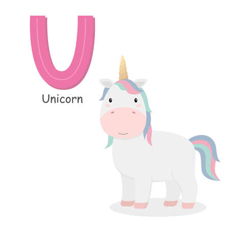 Letter U and a cute cartoon unicorn. Children's English alphabet. It is suitable for the design of postcards, books, leaflets, banners, birthday invitations. Colorful vector illustrationのイラスト素材