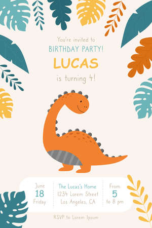 A birthday invitation. A hand drawn cute orange dino. A children's poster with a dinosaur. Vector illustration.のイラスト素材