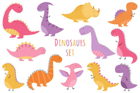 A set of cute dinosaur girls. Hand-drawn. Pink, yellow, orange, purple dinosaurs. Vector illustration for children.のイラスト素材
