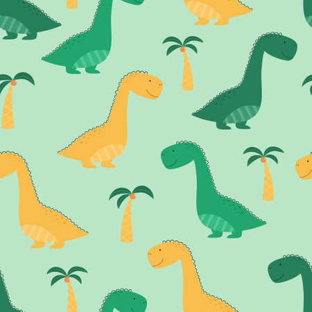 Seamless pattern with dinosaurs and palm trees. Cute yellow and green Dino. Vector illustration for printing on fabric, wallpaper, wrapping paperのイラスト素材