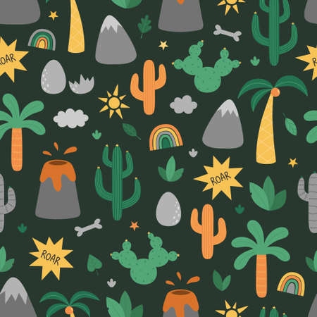 Seamless pattern with natural elements. The Jurassic period. Volcano, palm tree, cactus, mountain, rainbow, dinosaur egg. Vector illustration on a dark backgroundのイラスト素材