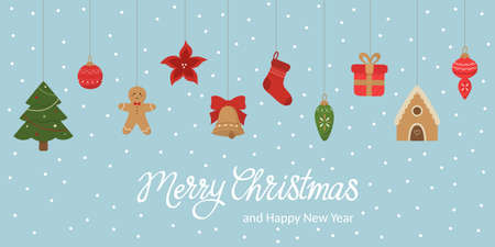 Christmas and New Year greeting card. Christmas toys on ropes. Gingerbread house, gift, sock, bell, gingerbread man, Christmas tree. Vector illustrationのイラスト素材