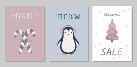 A set of greeting cards. Candy, penguin, Christmas tree. Happy New Year. Vector Christmas illustration. Cheers, let it snow, saleのイラスト素材