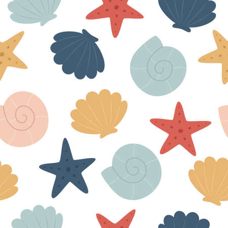 Seamless marine pattern. Underwater world. Colorful starfish and seashells. Vector illustrationのイラスト素材