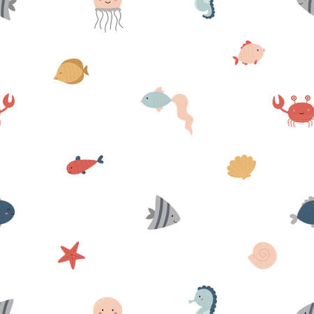 Seamless marine pattern. Cute fish, starfish, shells, jellyfish, crab, seahorse. Vector illustrationのイラスト素材