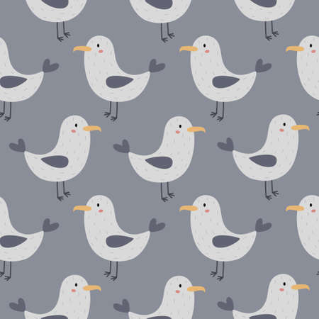 Seamless pattern with cute seagulls. Birds on a gray background. Vector illustration. Suitable for printing on fabric, wallpaper, wrapping paper.のイラスト素材