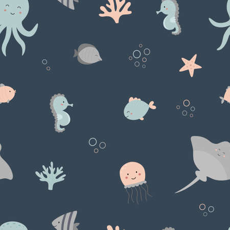 Seamless marine pattern on a dark background. Jellyfish, stingray, seahorse, fish, starfish, corals, octopus. Vector illustration. Underwater worldのイラスト素材