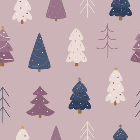 Seamless winter pattern. Cute Christmas trees with decorations. New Year. Vector illustrationのイラスト素材