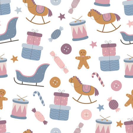 Cute Christmas pattern with children's toys. Drum, gift boxes, sled, candy, buttons, gingerbread man, horse. Vector illustration.のイラスト素材