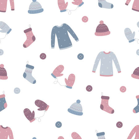 Seamless Christmas pattern. Knitted clothing. Mittens, hat, sock, sweater, buttons. Vector illustrationのイラスト素材