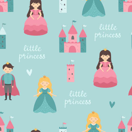 Seamless baby pattern with a princess, a prince, a castle. Vector illustration on a blue backgroundのイラスト素材